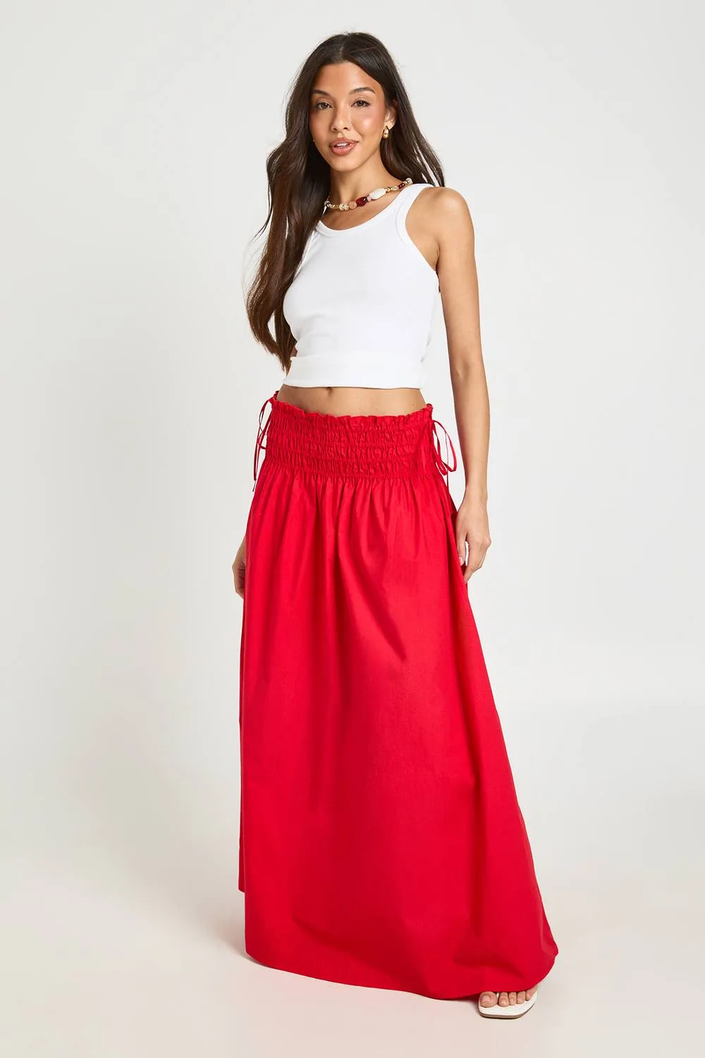 Poplin Ruched Waist Maxi Skirt Cotton/Satin/Polyurethane by boohoo