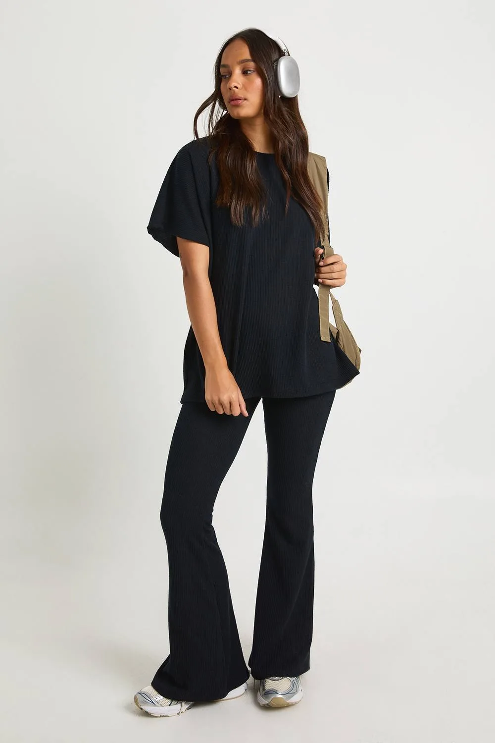 Two Tone Rib Flared Legging & Top Co Ord Denim by boohoo