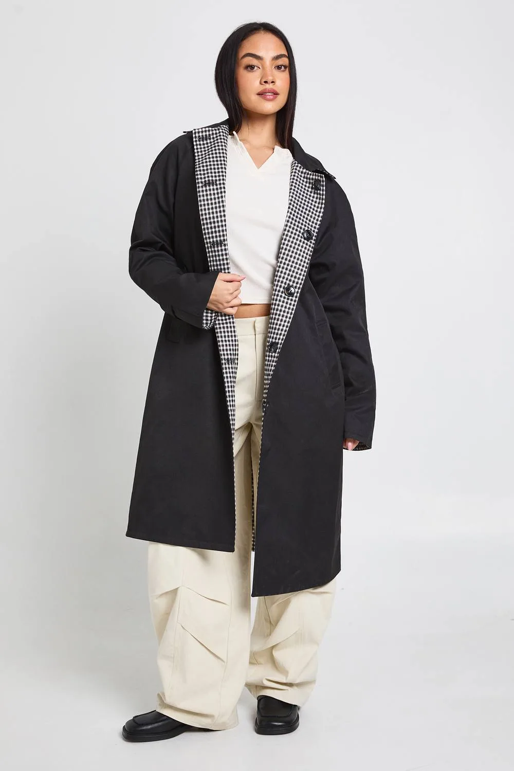 Checked Oversized Reversible Midi Trench Jacket by boohoo