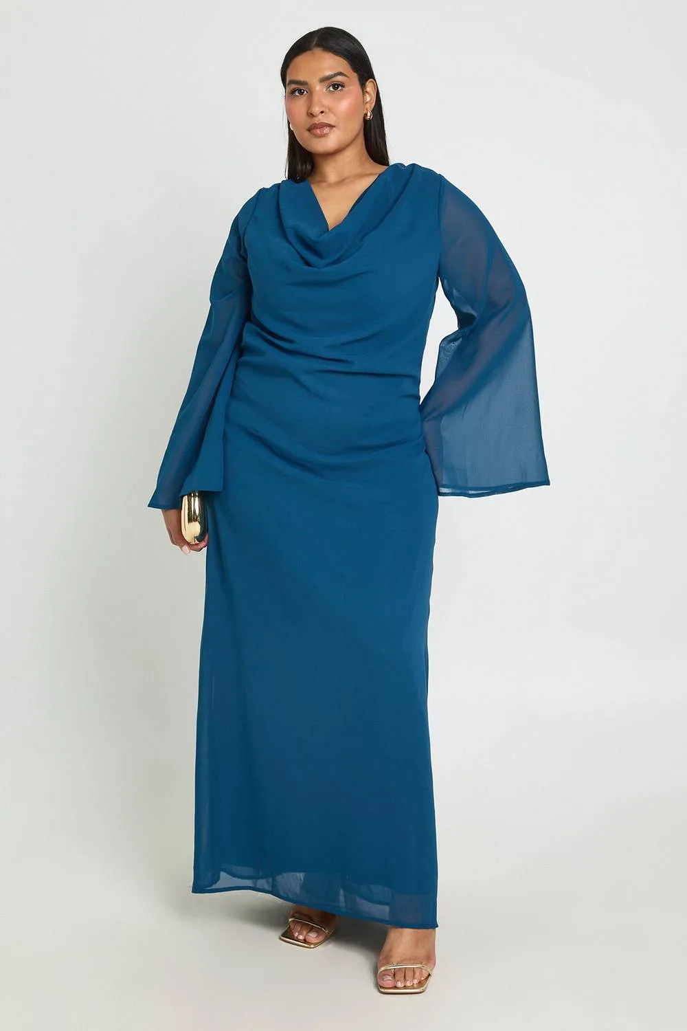 Chiffon Cowl Neck Long Sleeve Maxi Dress by boohoo