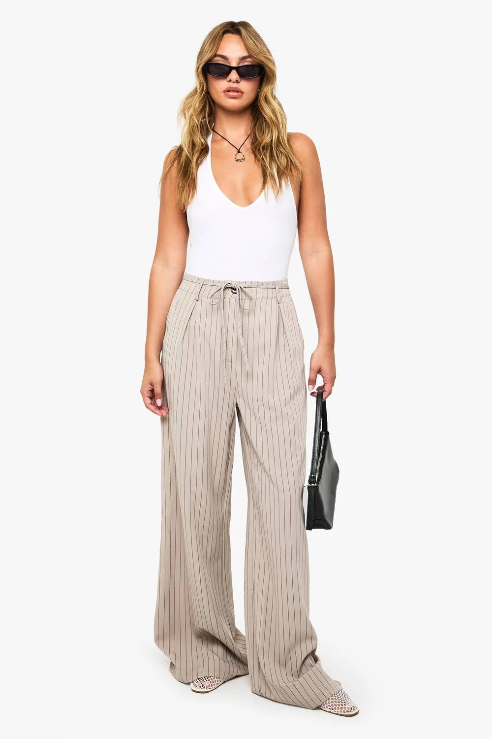 Pinstripe Tie Waist Tailored Wide Leg Trousers by boohoo