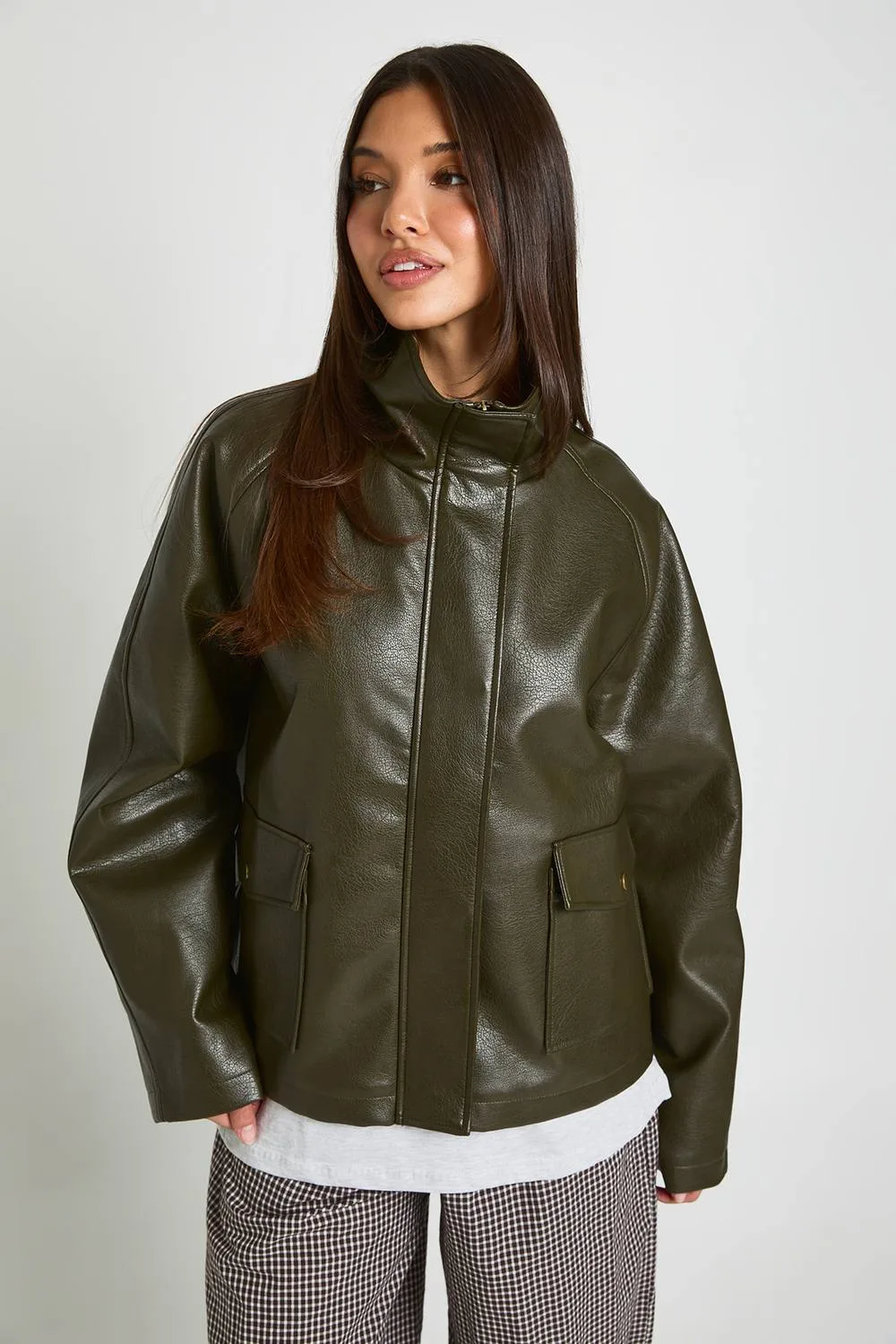 Faux Leather Funnel Neck Jacket
