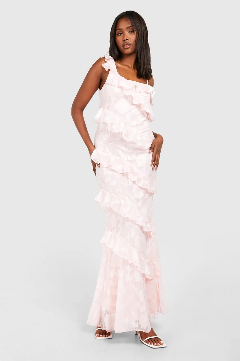 Textured Ruffle Asymmetric Maxi Dress by boohoo