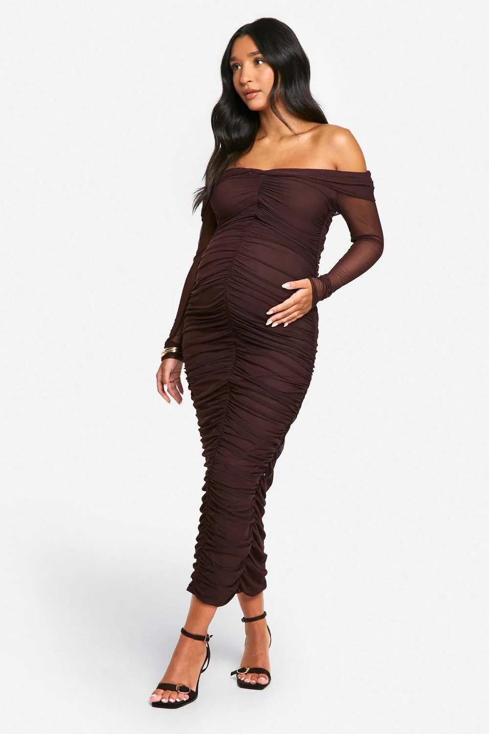 Emily Shak Maternity Slinky Off-The Shoulder Long Sleeve Ruched Midaxi Dress by boohoo
