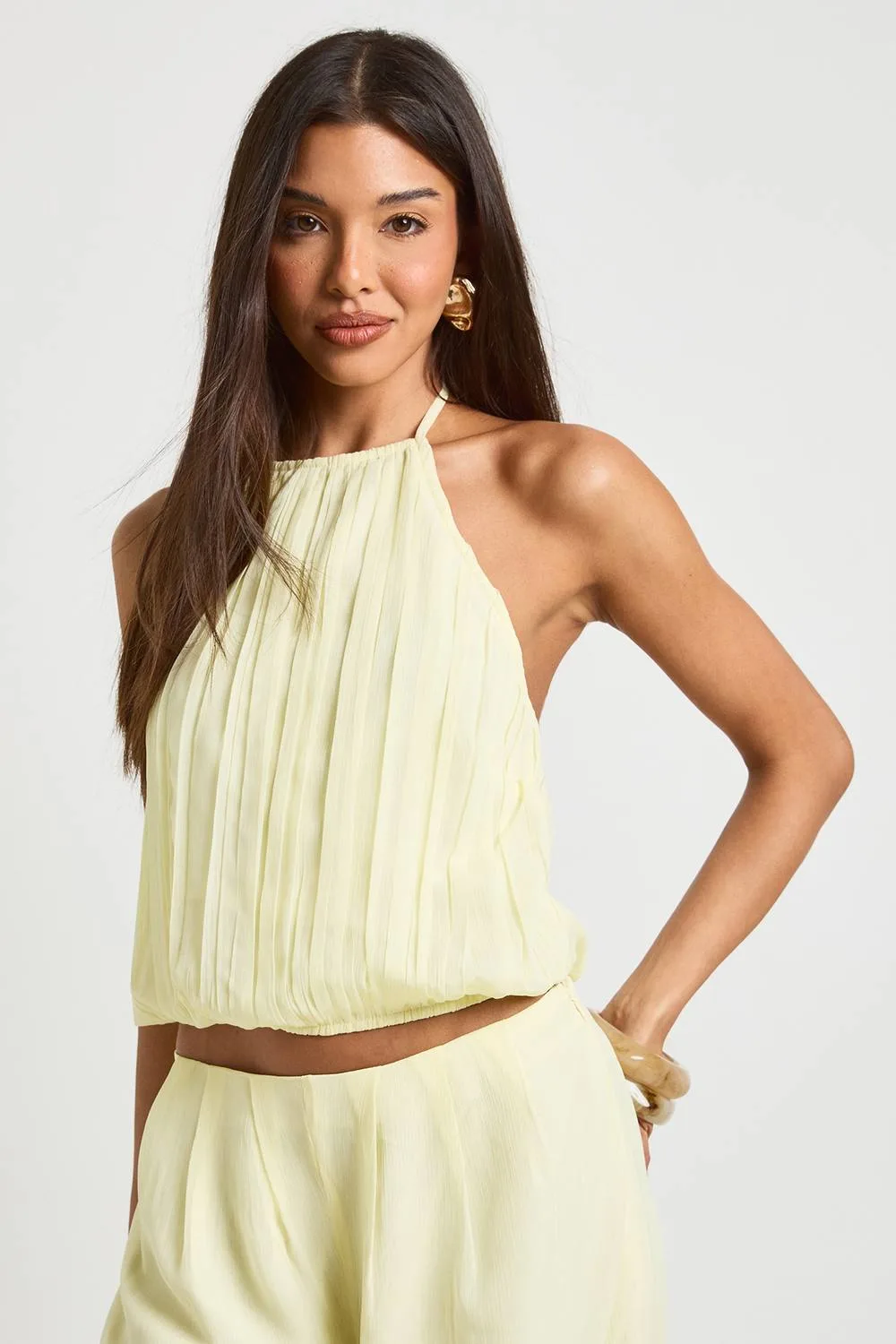 Shirred Chiffon Halterneck Top by boohoo
