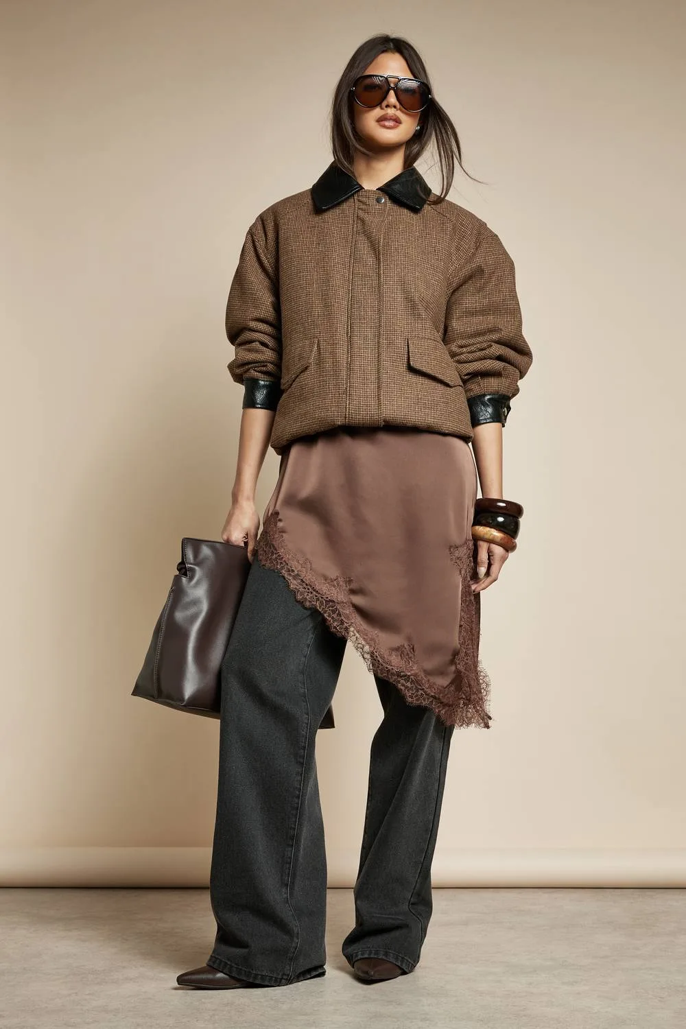 Oversized Check Wool Look Bomber Jacket by boohoo
