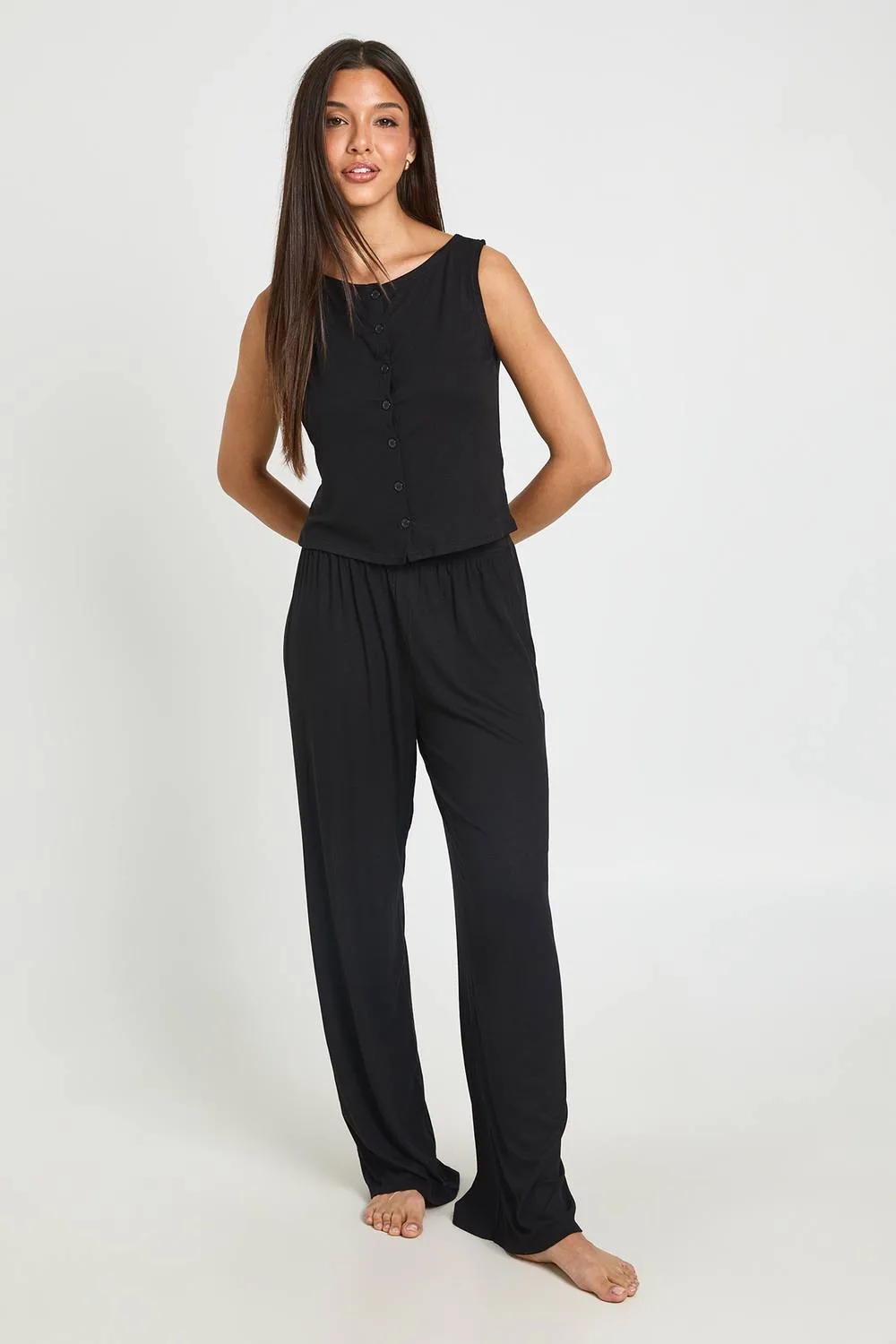 Soft Rib Button Through Top & Wide Leg Trouser Pyjama Set by boohoo