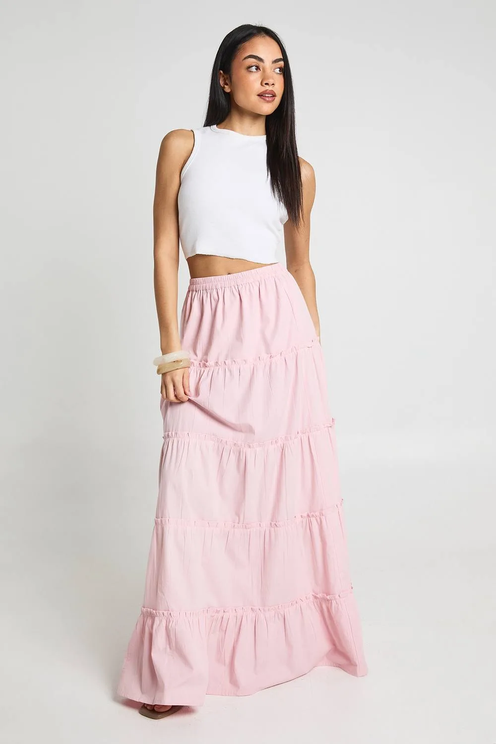 Tiered Cotton Poplin Maxi Skirt by boohoo