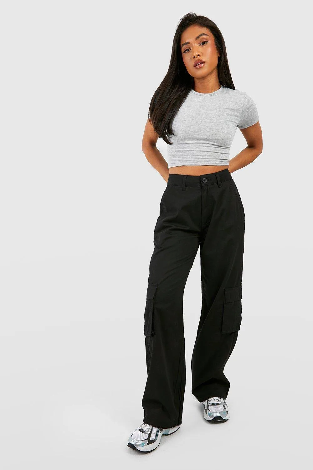 High Waisted Twill Straight Leg Cargo Pants by boohoo
