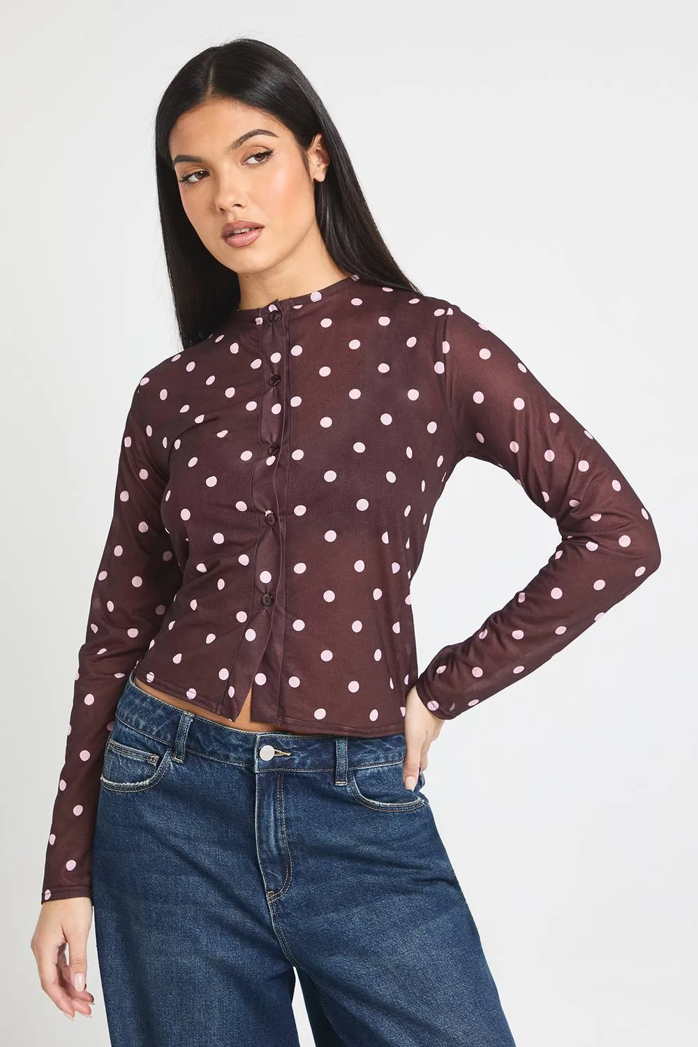 Polka Dot Print Mesh Button Through Top