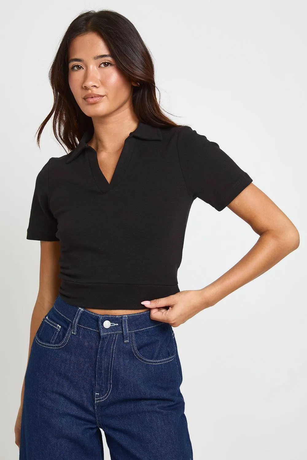Heavy Cotton Collared V Neck Short Sleeve Top