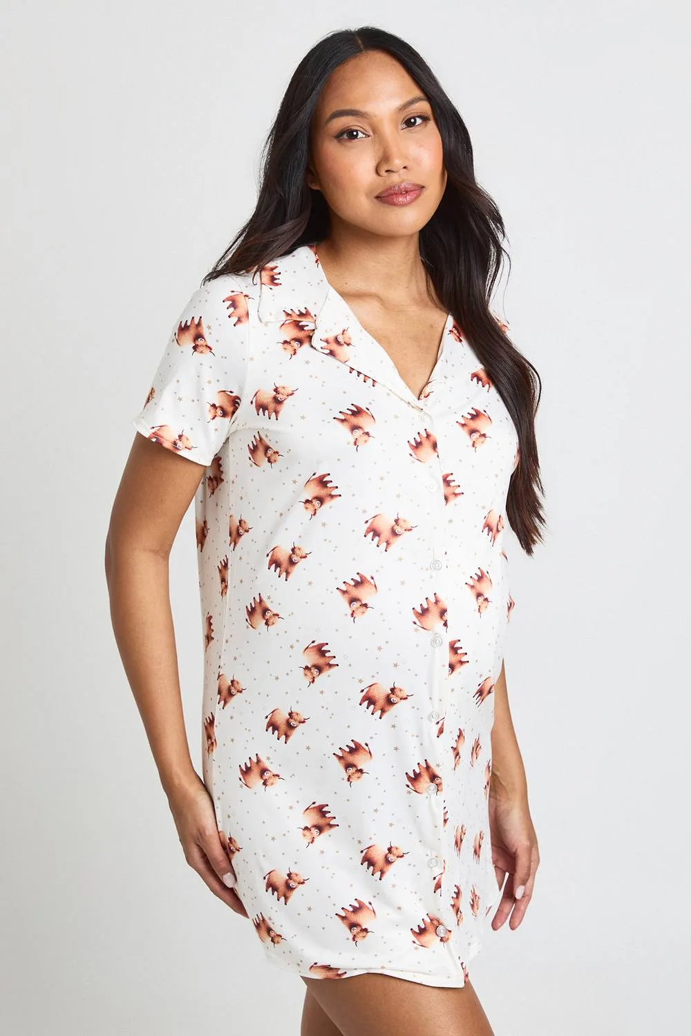 Maternity Highland Cow Print Button Through Collar Nightie by boohoo