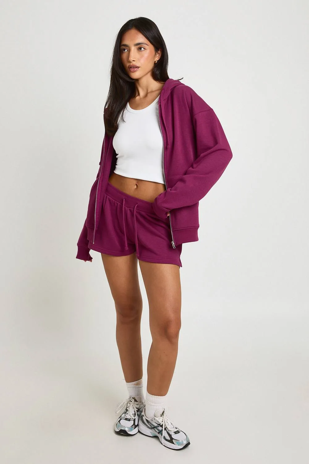 Soft Loopback Oversized Zip Through Hooded Short Tracksuit by boohoo