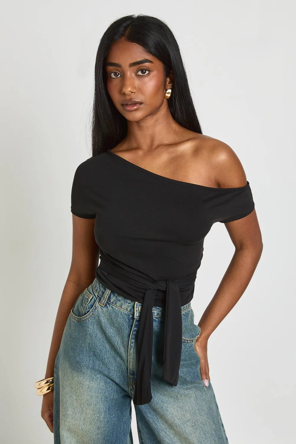Modal Off-The Shoulder Tie Waist Top by boohoo