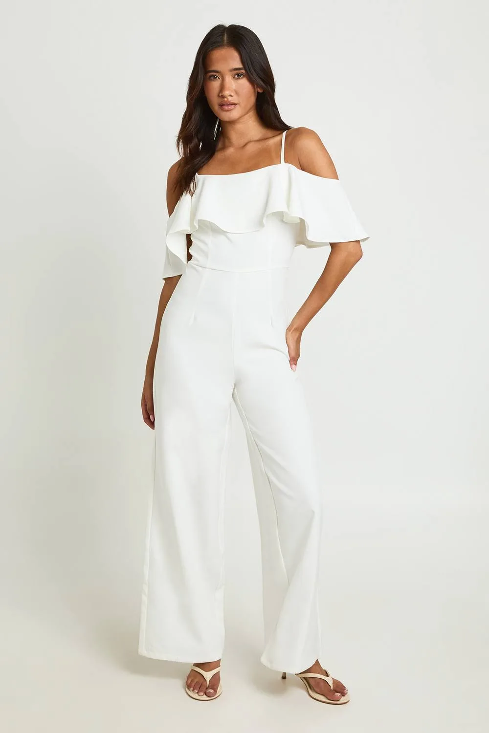 Tailored Strappy Foldover Ruffle Jumpsuit