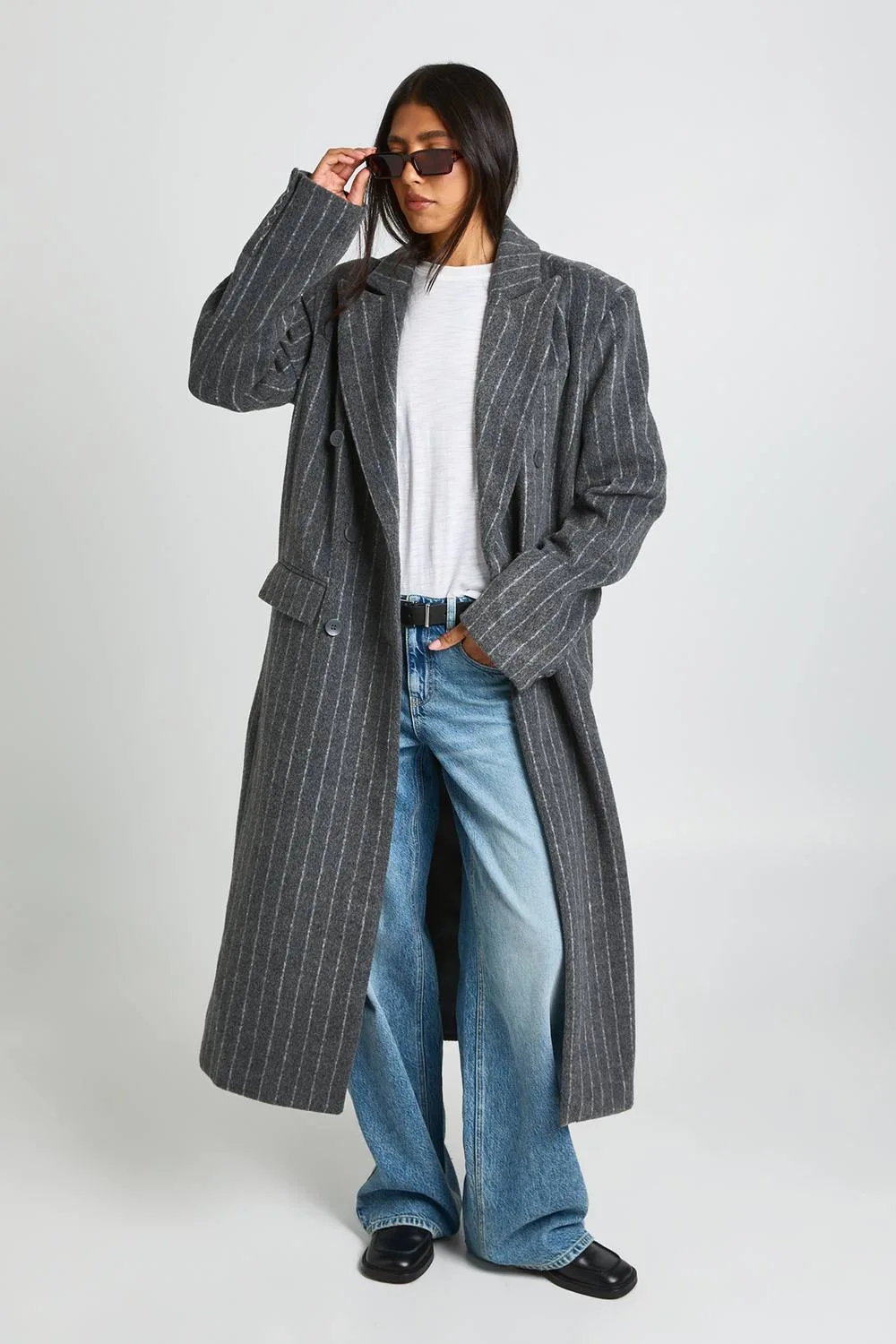 Tall Pinstripe Double Breasted Wool Look Coat by boohoo