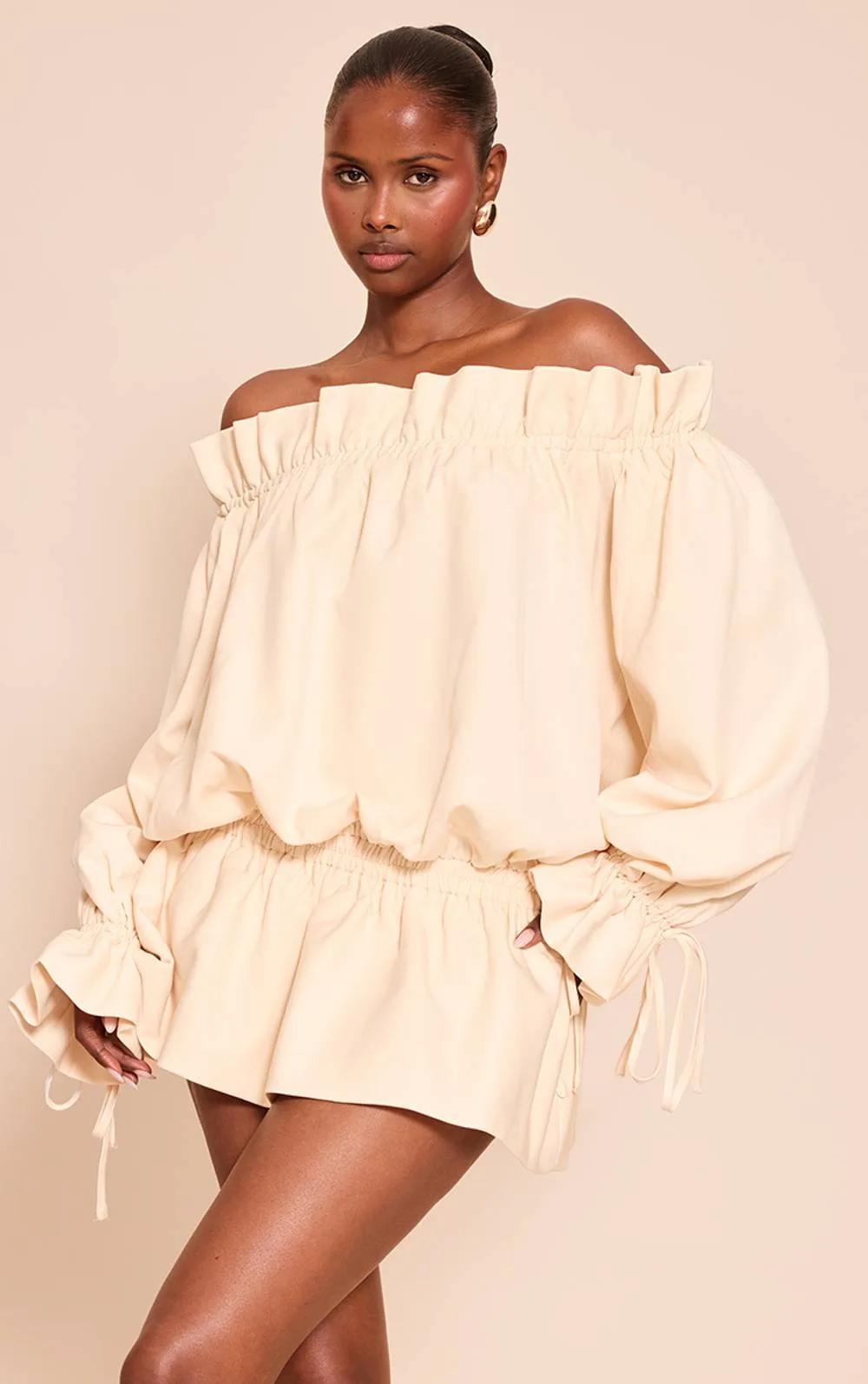 Woven Tie Detail Bandeau Long Sleeve Mini Dress