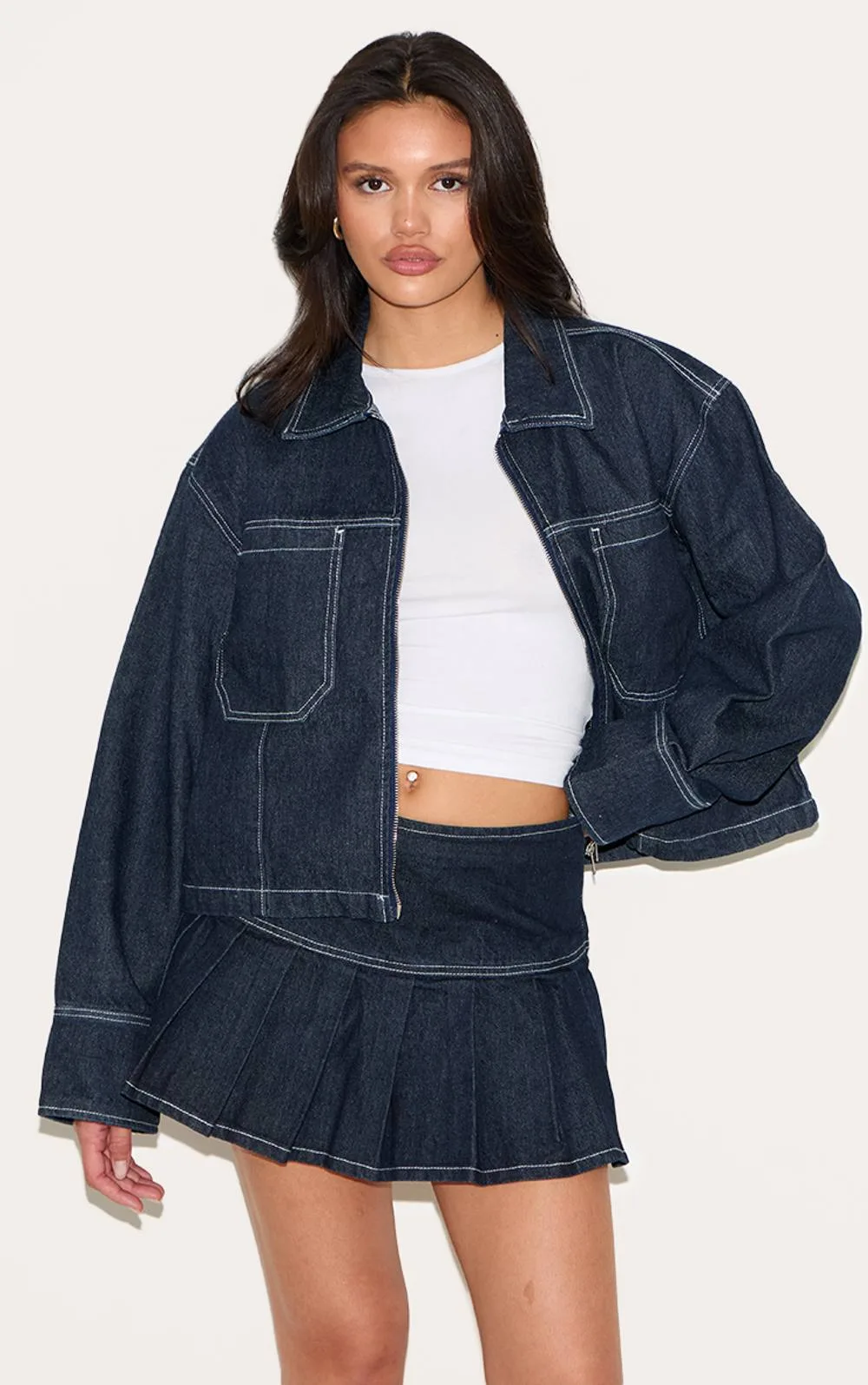 Contrast Stitch Pleated Denim Mini Skirt