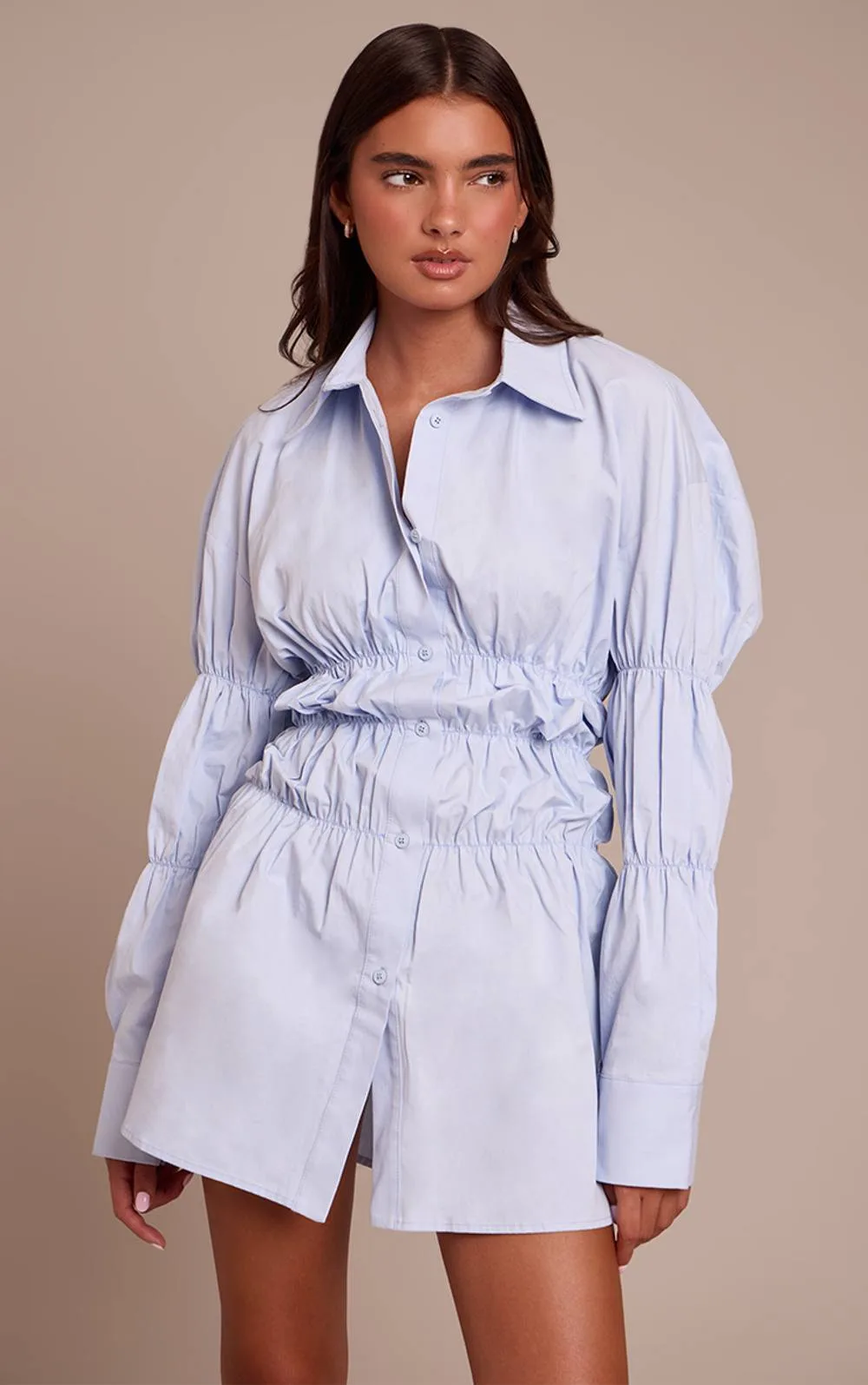 Ruched Long Sleeve Shirt Dress