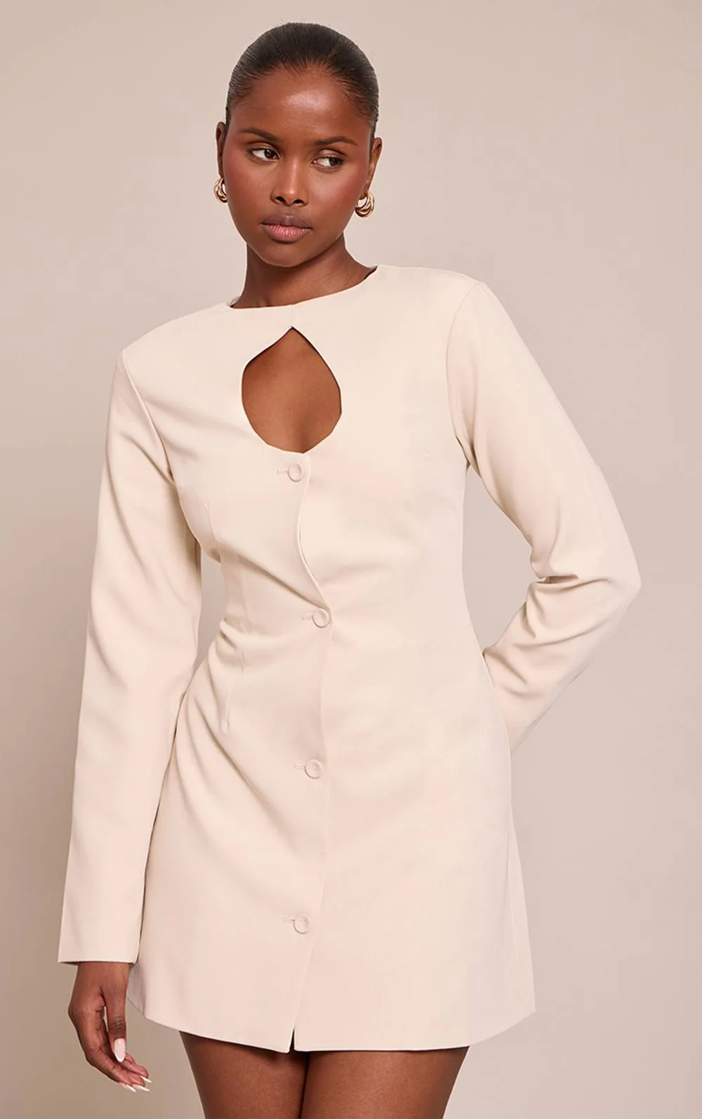 Woven Long Sleeve Mini Dress - Stone