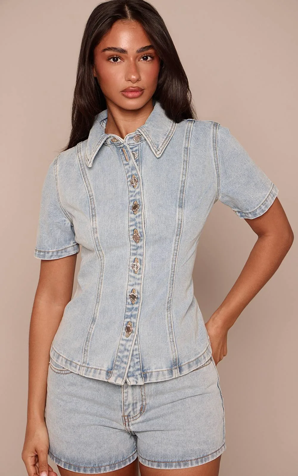 Denim Button Up Short Sleeve Shirt