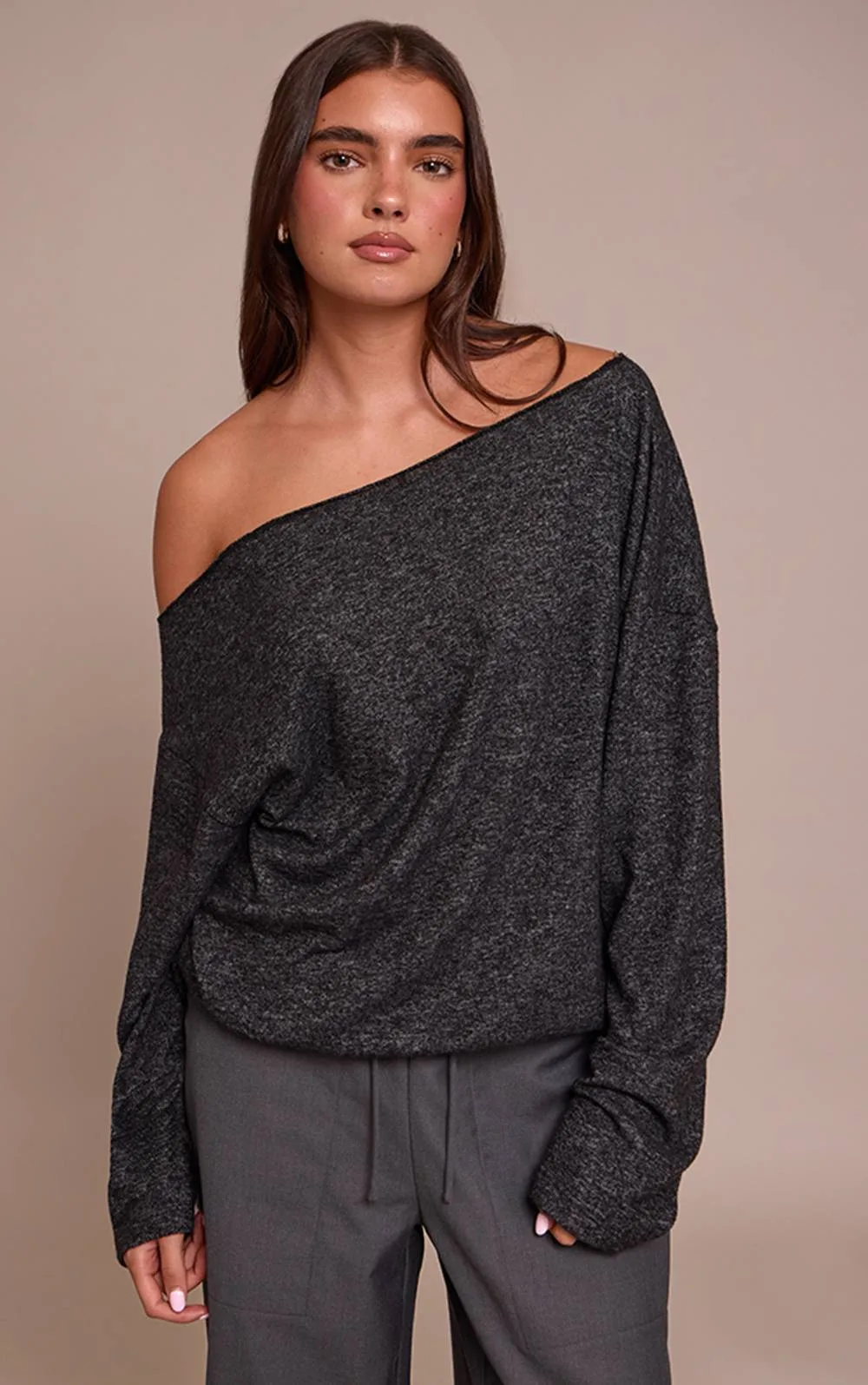 Soft Knit Asymmetric Oversized Slouchy Long Sleeve Top by PrettyLittleThing
