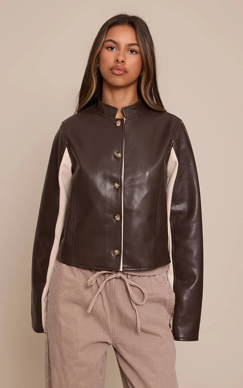 Faux Leather Panelled Fitted Jacket by PrettyLittleThing