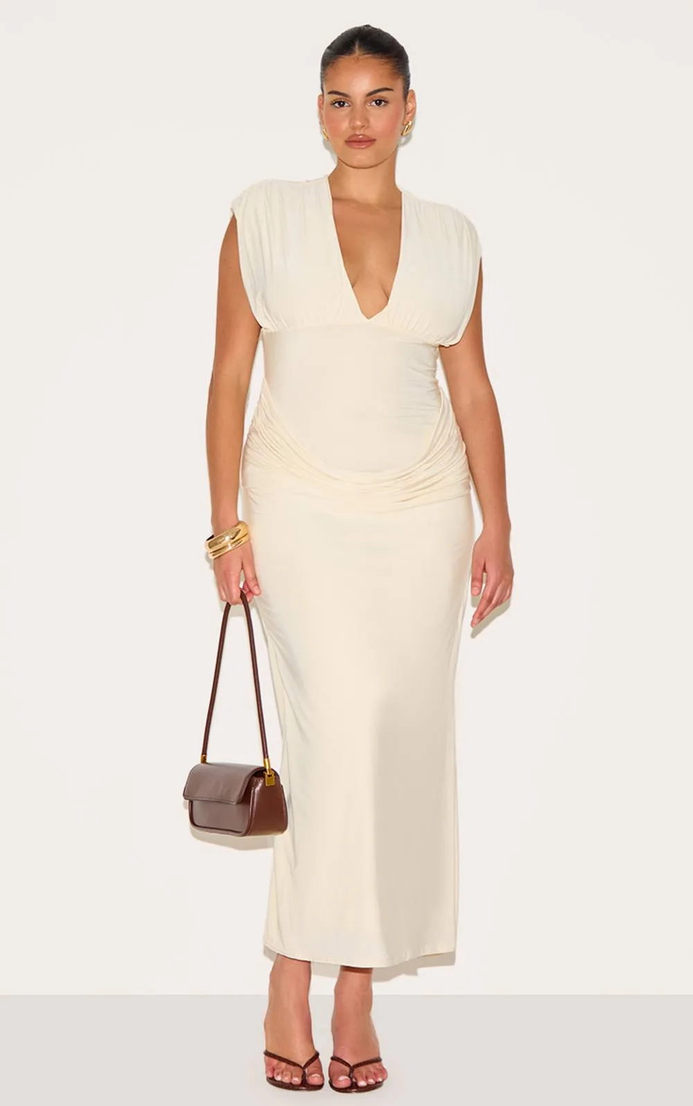 Double Layer Plunge Ruched Shoulder Drape Waist Maxi Dress
