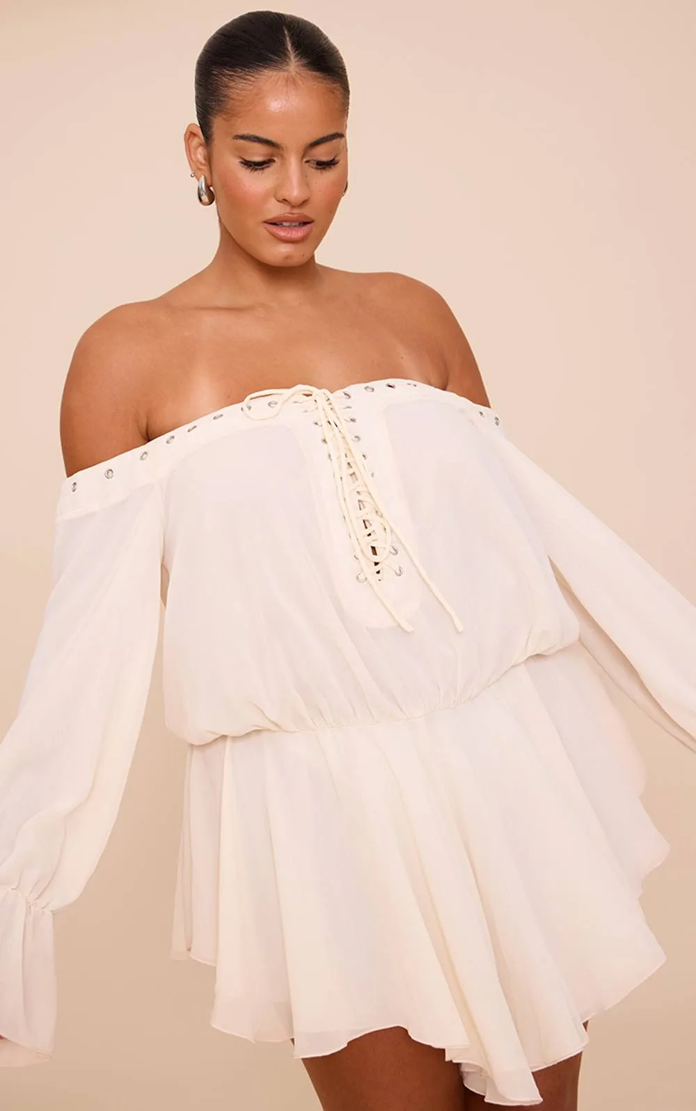 Chiffon Long Sleeve Bardot Floaty Playsuit