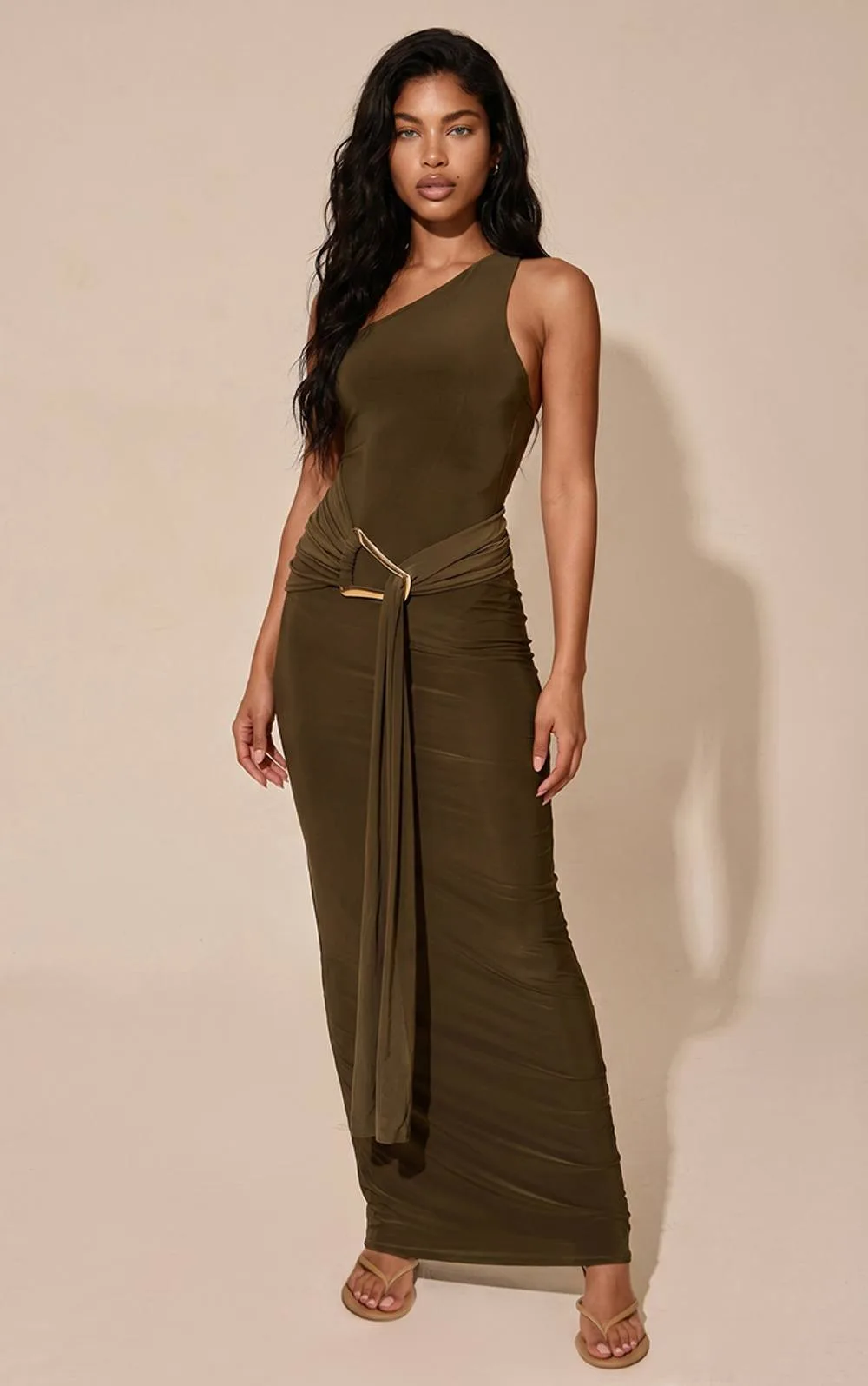 Double Layer Slinky One Shoulder Trim Detail Maxi Dress