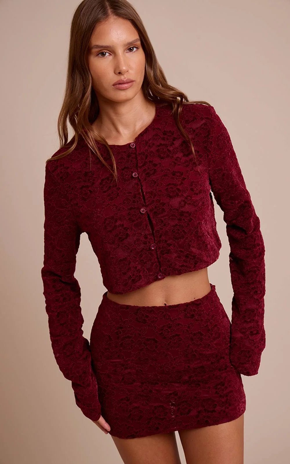 Lace Button Up Long Sleeve Crop Top Co-Ord by PrettyLittleThing