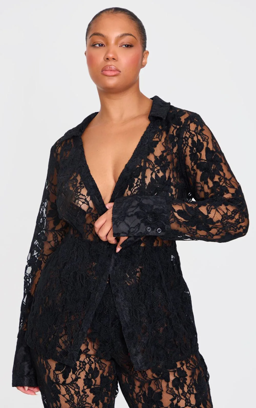 Sheer Lace Shirt Co-Ord by PrettyLittleThing