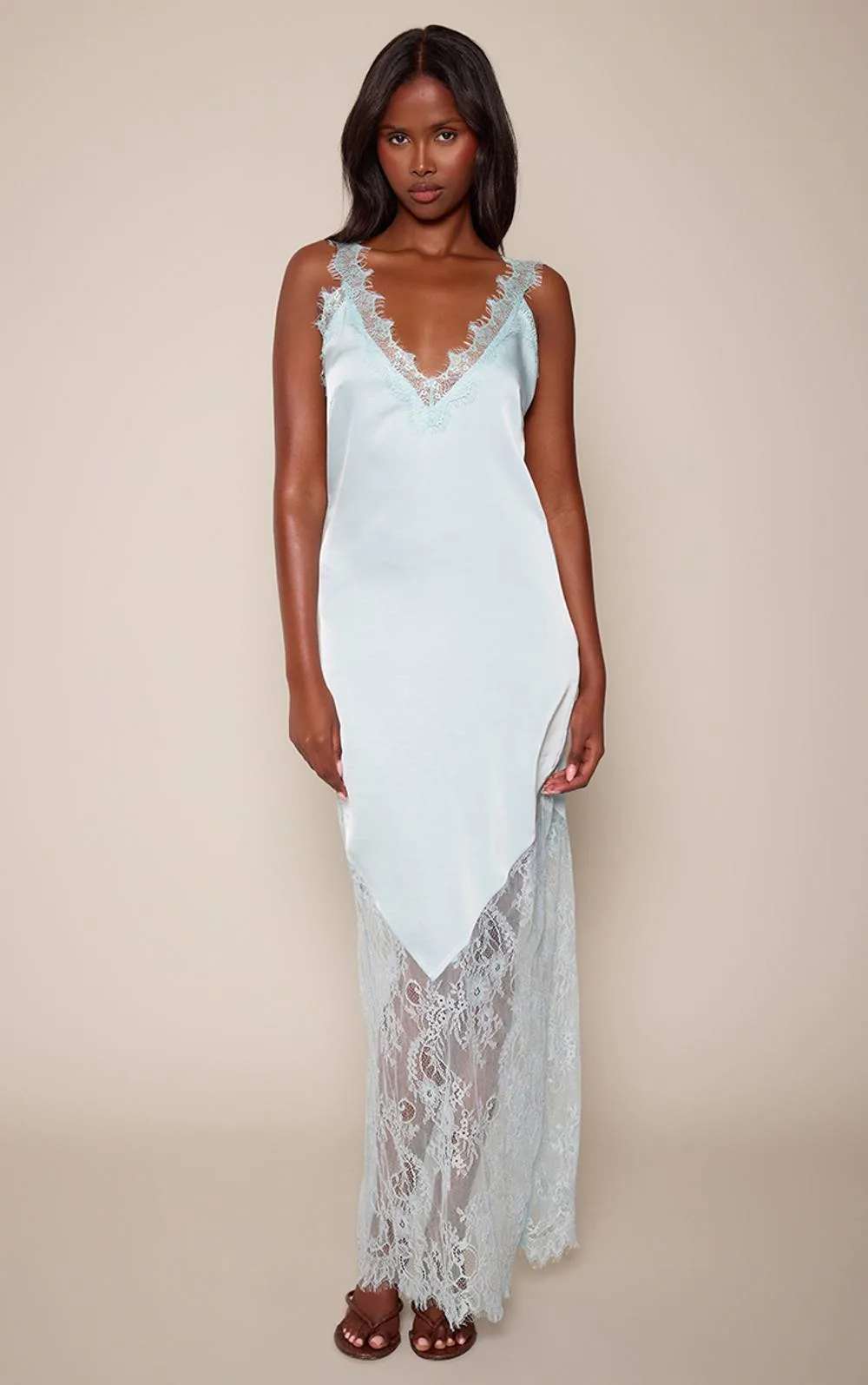Satin Plunge Lace Trim Floaty Maxi Dress by PrettyLittleThing
