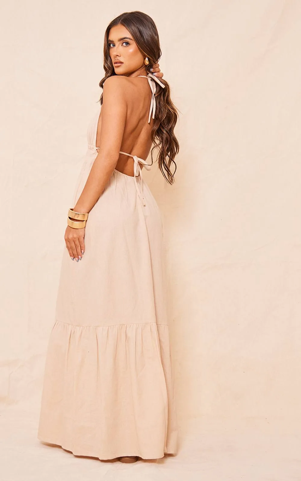 Linen Look Plunge Strappy Backless Maxi Dress by PrettyLittleThing