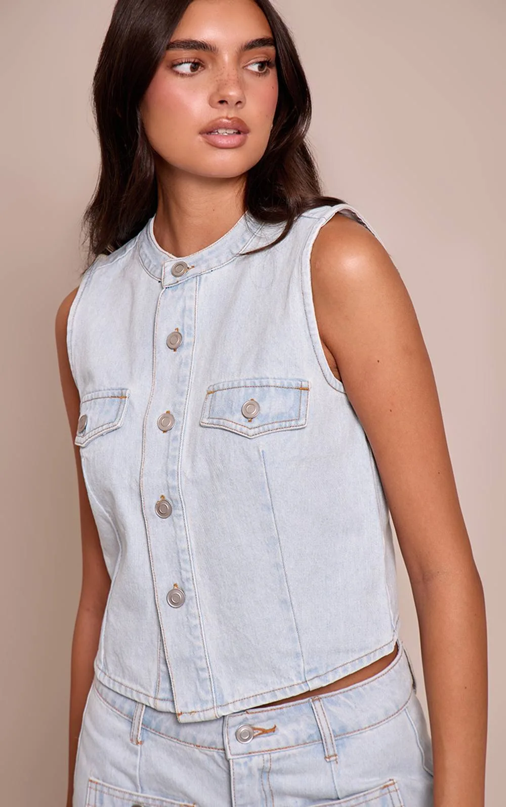 Round Neck Cinch Waist Denim Waistcoat by PrettyLittleThing