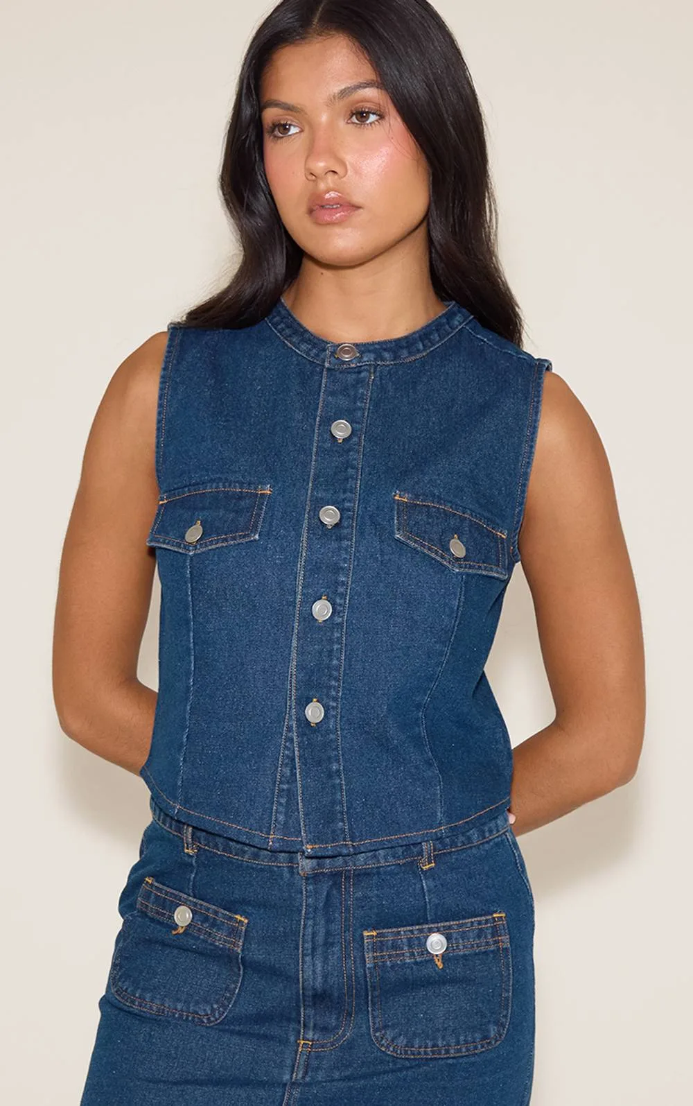 Round Neck Cinch Waist Denim Waistcoat
