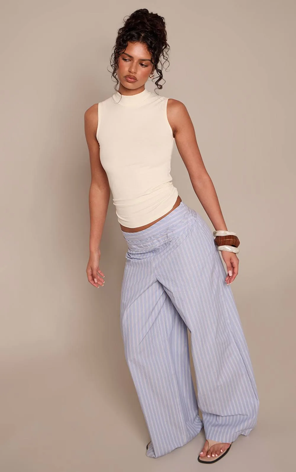Stripe Folded Waist Tie Straight Leg Trousers by PrettyLittleThing