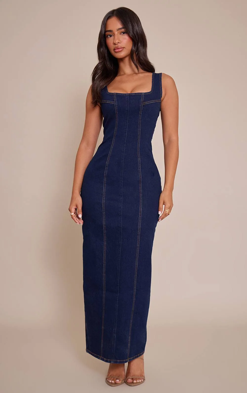 Bodycon Seam Detail Denim Maxi Dress by PrettyLittleThing