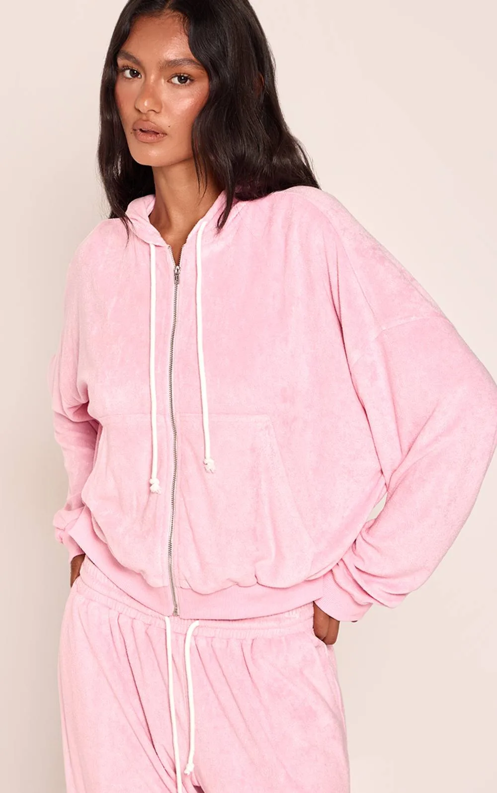 Towelling Contrast Drawcord Zip Up Hoodie
