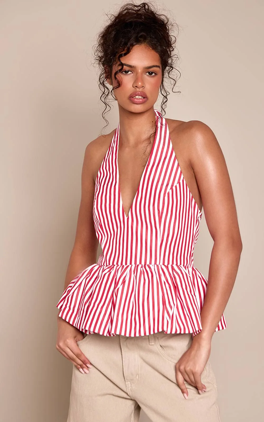 Woven Halterneck Peplum Top