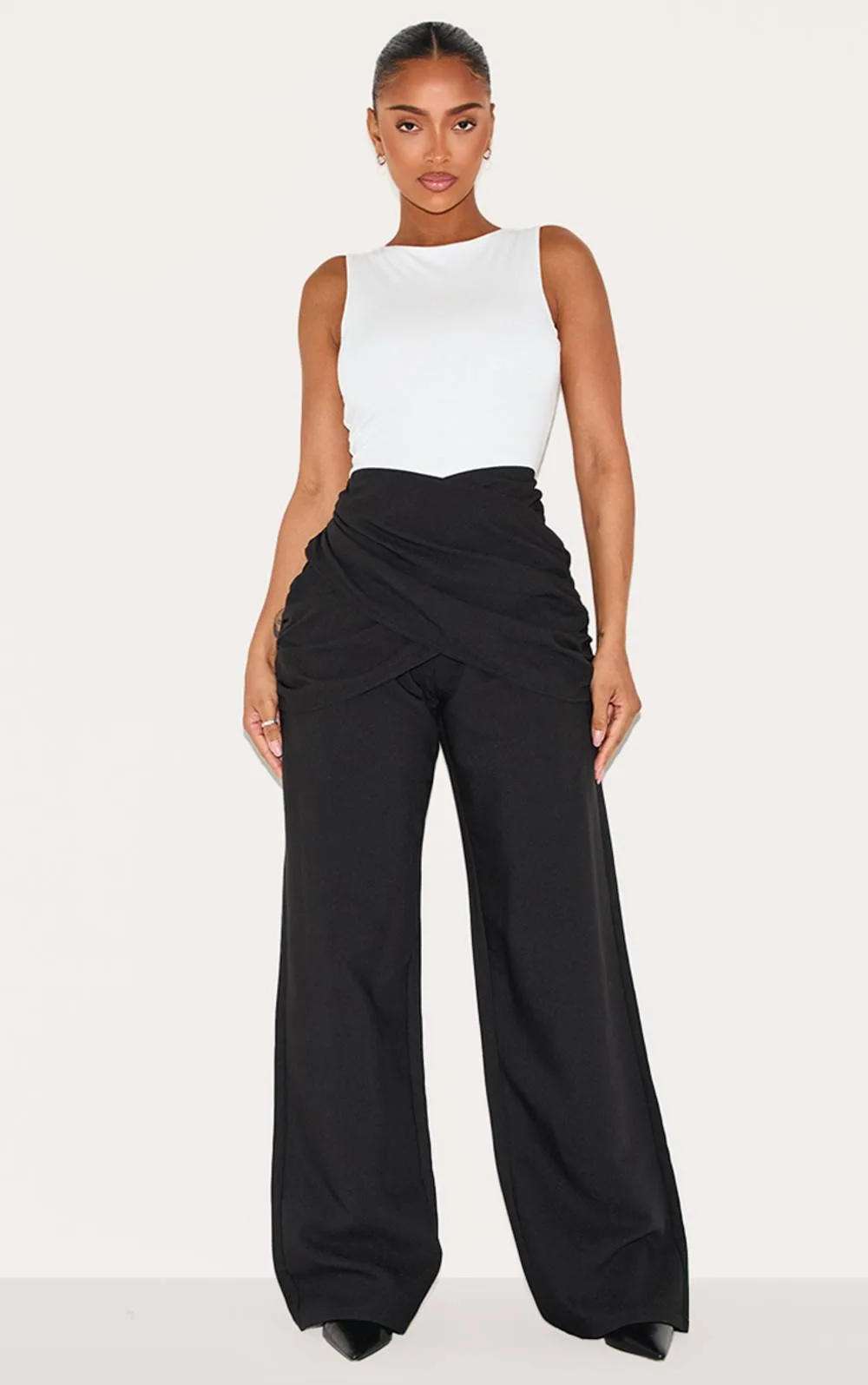 High Waisted Tailored Wrap V Front Wide Leg Trousers by PrettyLittleThing