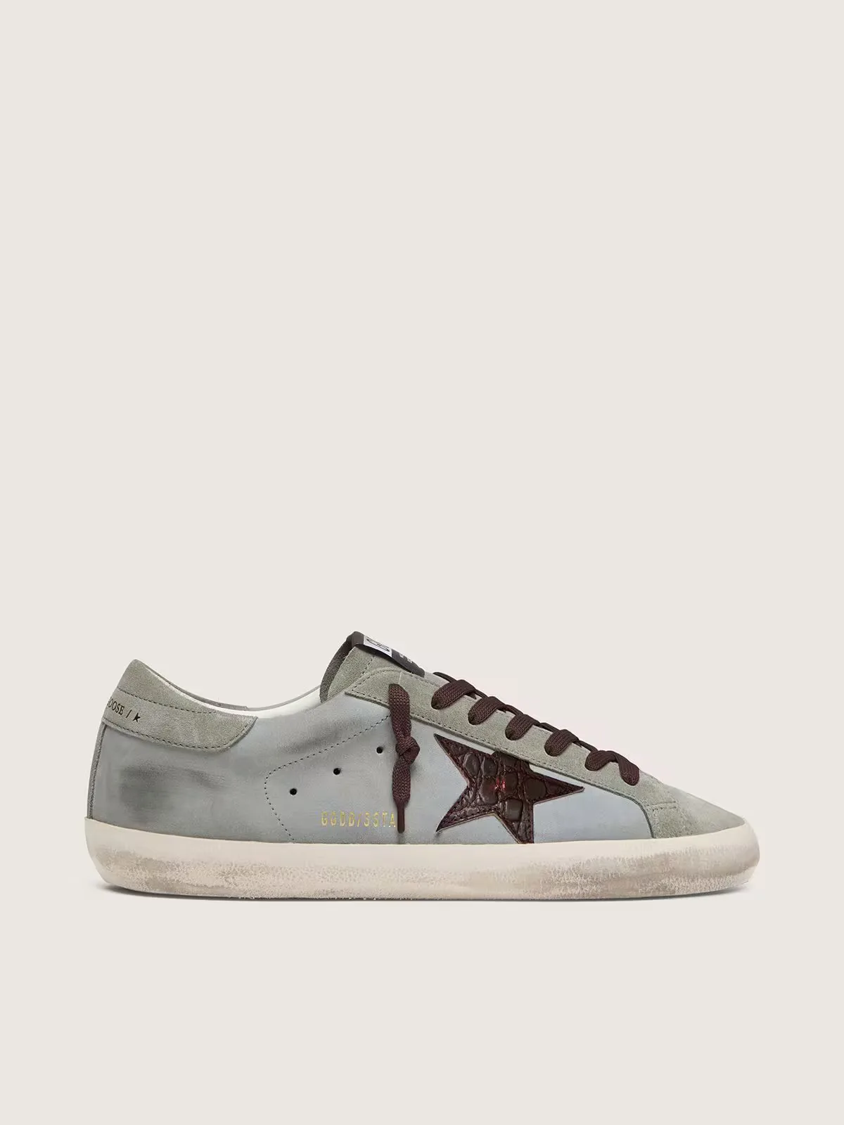 Super-Star in Light Blue Leather with Burgundy Croc-Print Star by Golden Goose