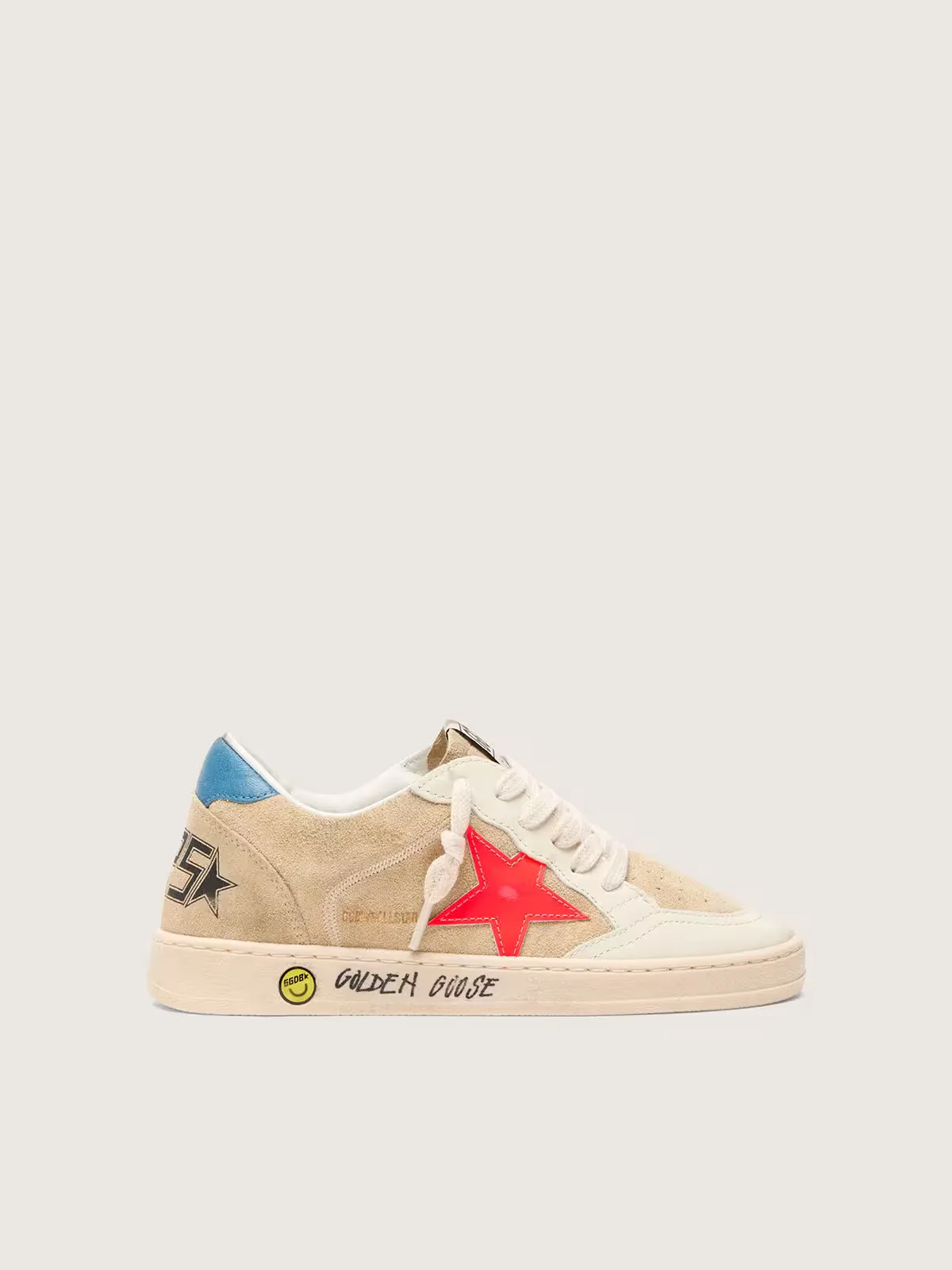 Ball Star Young in Beige Suede with Red Star and Light Blue Heel Tab by Golden Goose