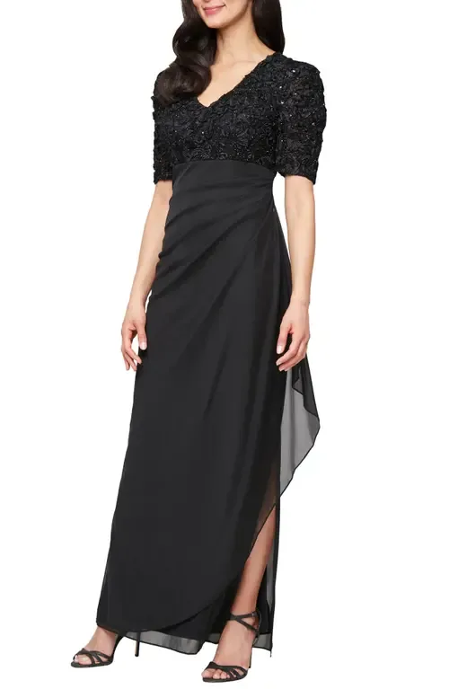 Embellished Short Sleeve Empire Waist Gown by Alex Evenings