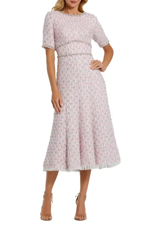 Short Sleeve Beaded Trim Boucle Midi Dress by Mac Duggal