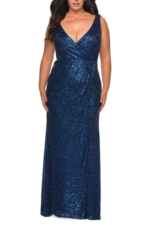 Sequin Gown with Ruching and V-Neck by La Femme