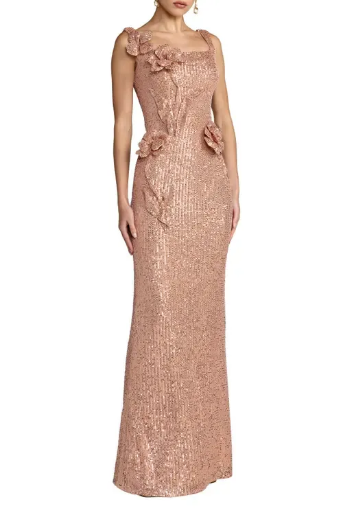 Sleeveless Sequin Column Gown with 3D Flowers by Mac Duggal