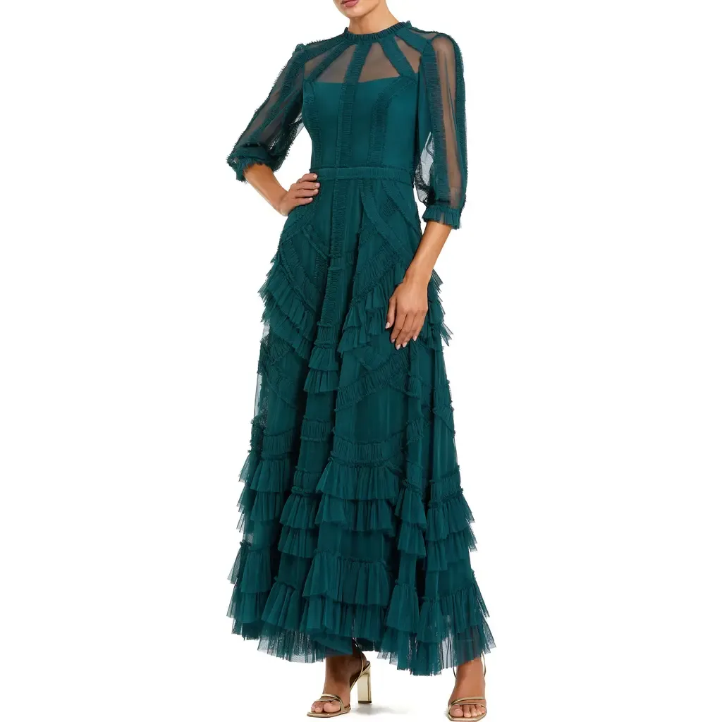 3/4 Sleeve Tiered Ruffle Mesh Gown by Mac Duggal