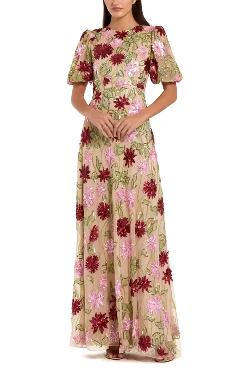 Floral Embroidered Mesh Gown with Statement Sleeves