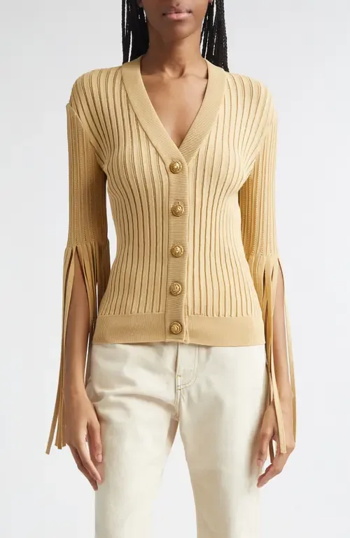 Fringe Sleeves Pointelle Rib Cardigan by Balmain